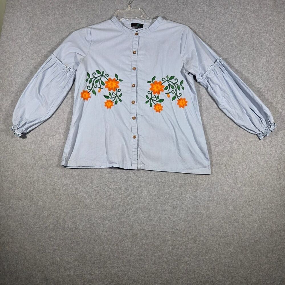Anonymous Co Womens M Blue Floral Embroidered Boho Peasant Blouse Cotton Top